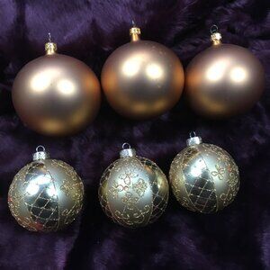 6 Vintage Christmas Glass Ornaments Set Bronze Gold Champagne Glitter Estate Lot